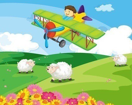 Cartoon airplane with pilot flying over a hill with sheep.